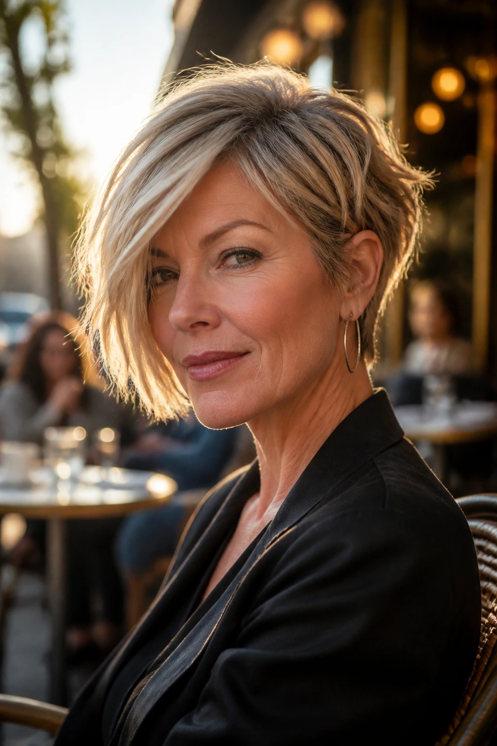 Close-up of a real woman with side-swept piecey bob and attitude