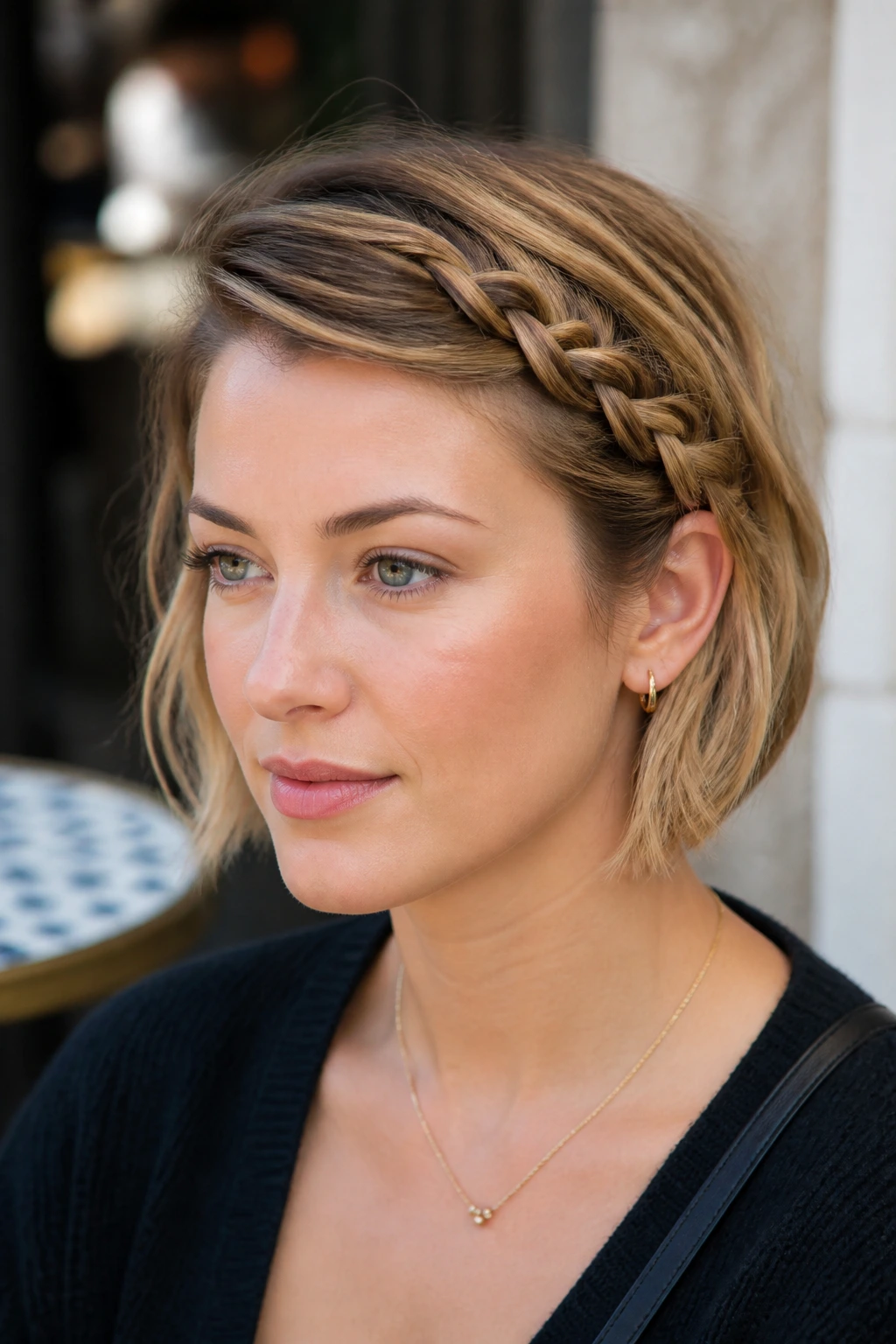 Close-up of a real person with a diagonal side-swept braid pinned behind the ear
