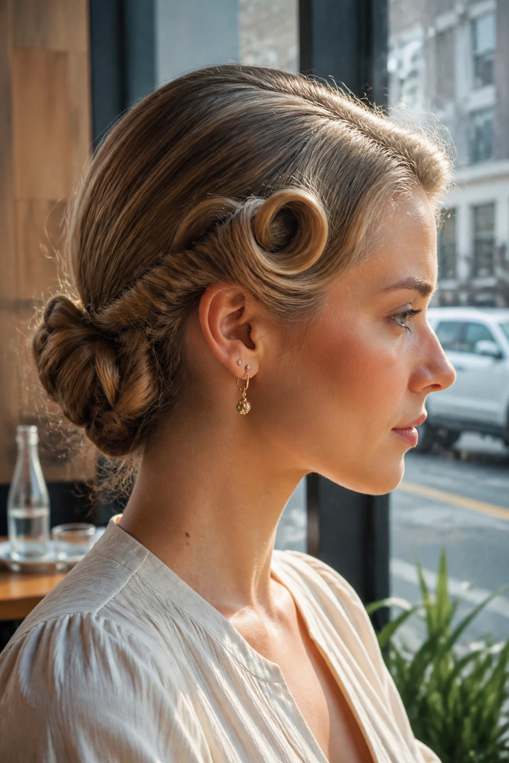 Side-profile of a real woman with a side-swept pin curl roll along the temple to the nape.