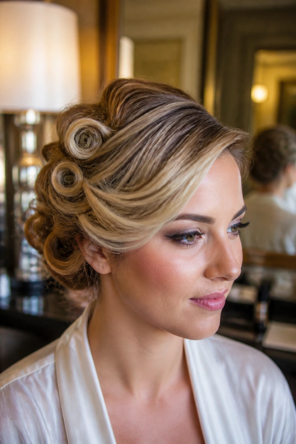 Close-up of a real person with a side-swept pin curl updo in warm ambient light.
