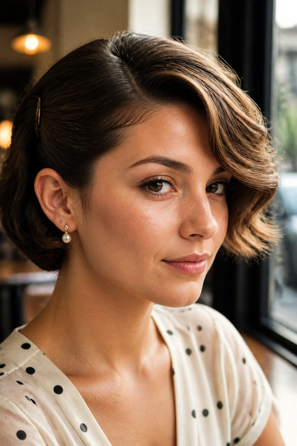Close-up of a woman with a side-swept pin-up bob