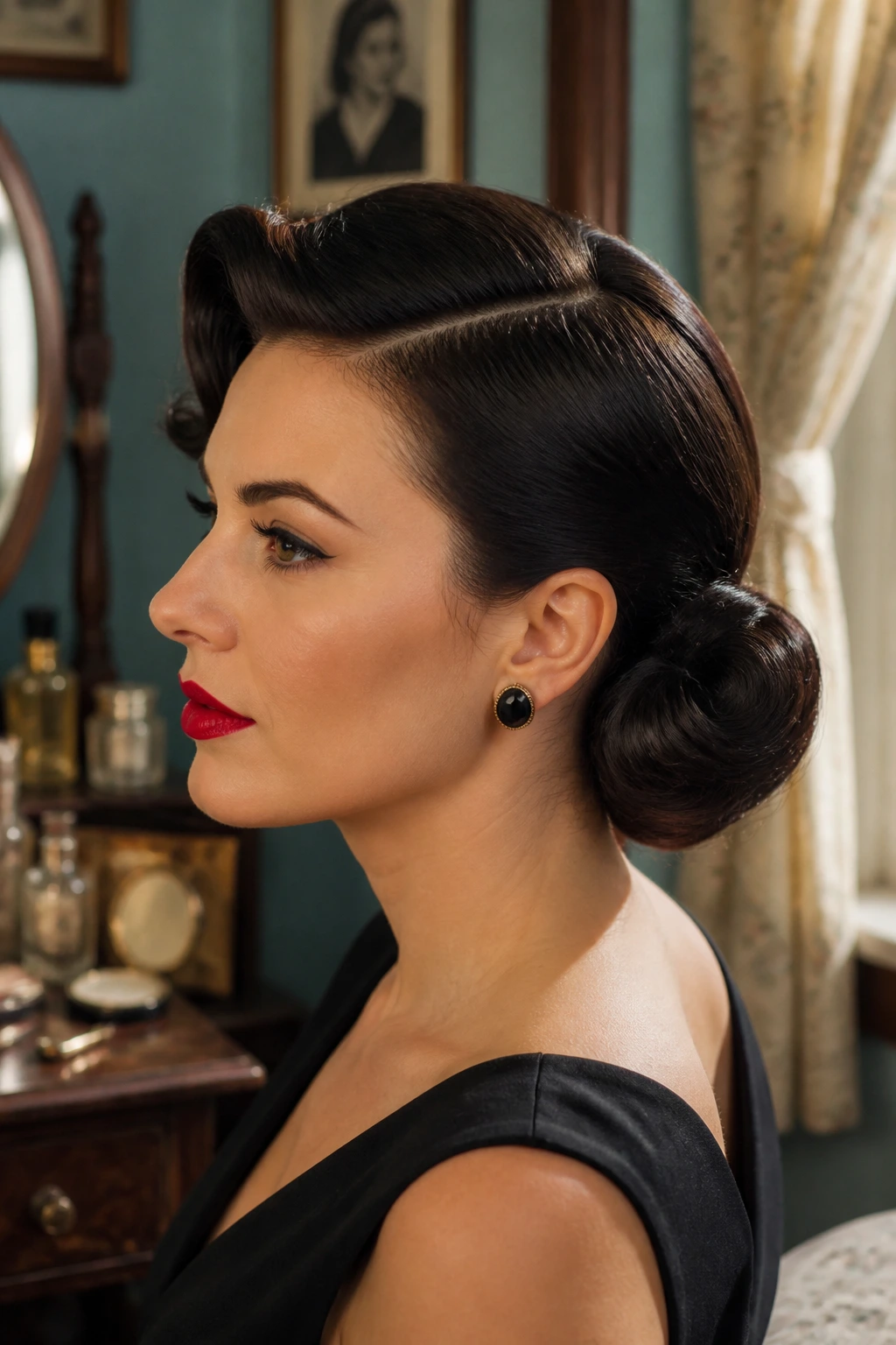 Close-up portrait of a real woman with a side-swept pin-up bun in retro setting.