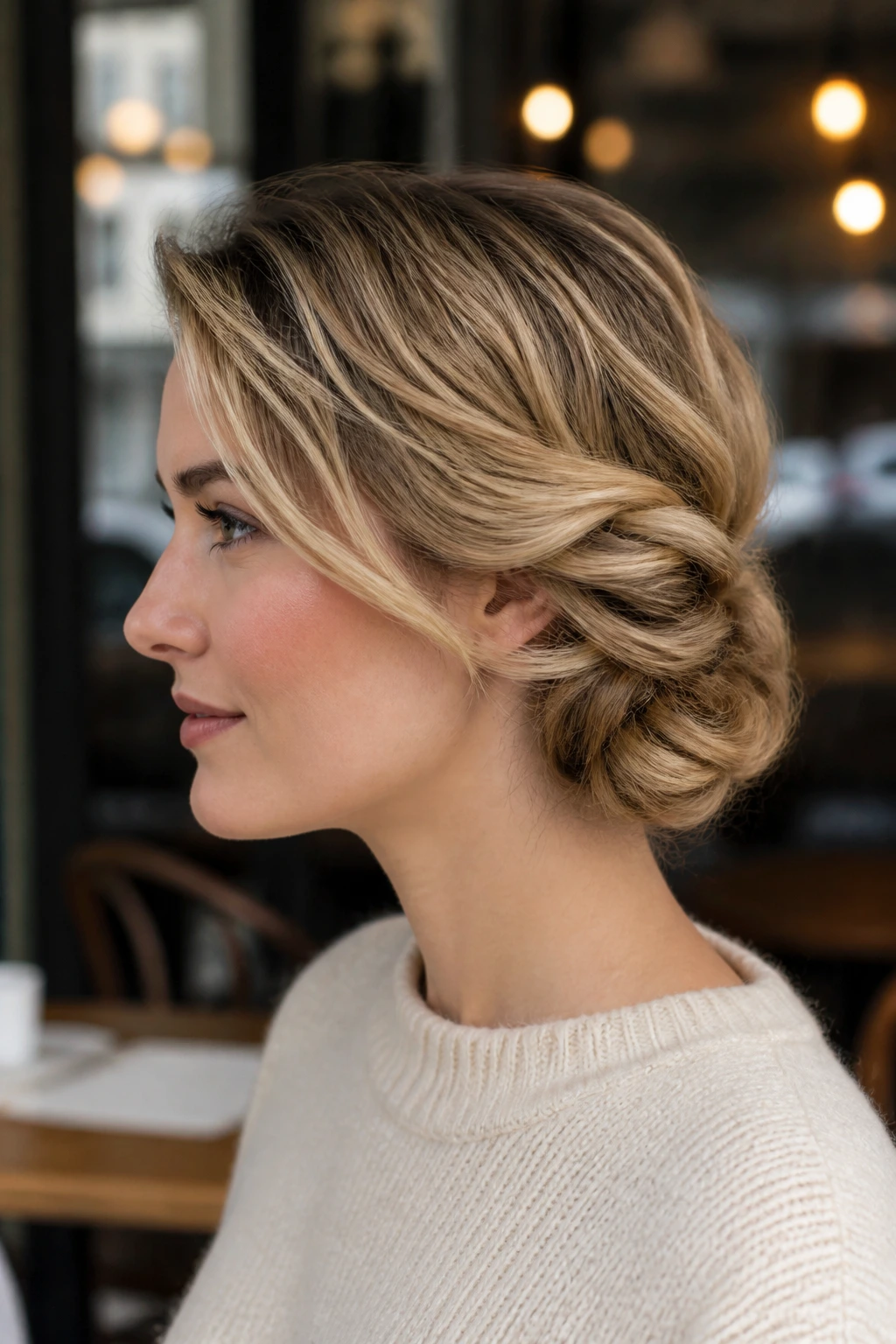 Side-profile of a real woman with a pinned roll behind the ear