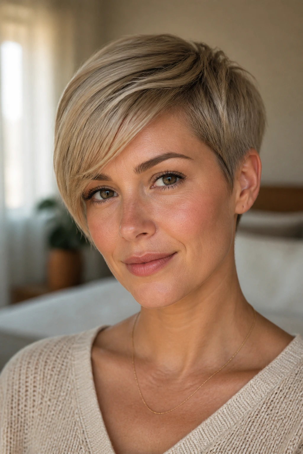 Close-up of a real woman with a side-swept pixie hairstyle in warm window light
