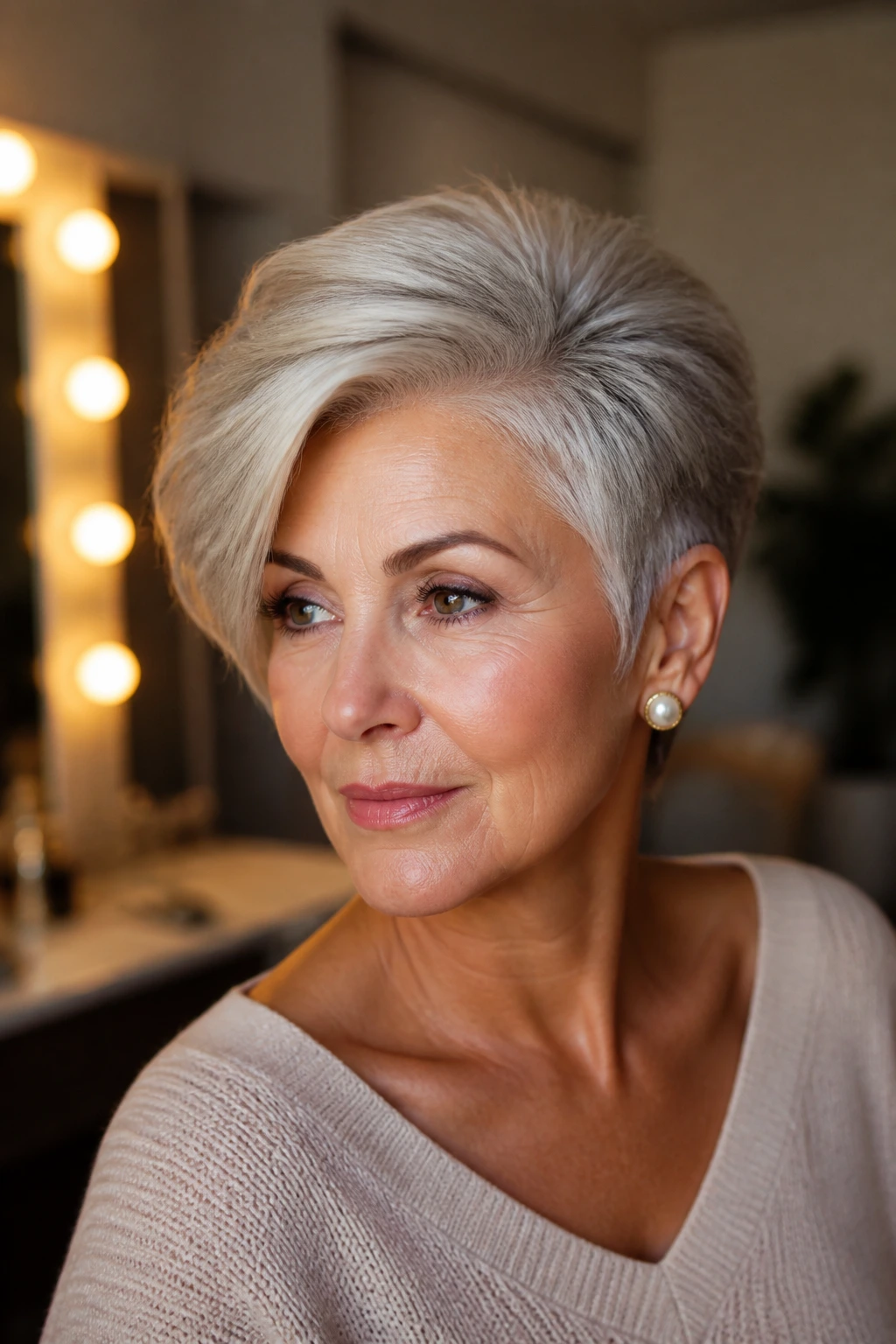 Close-up portrait of a real woman with a side-swept pixie retro sweep.