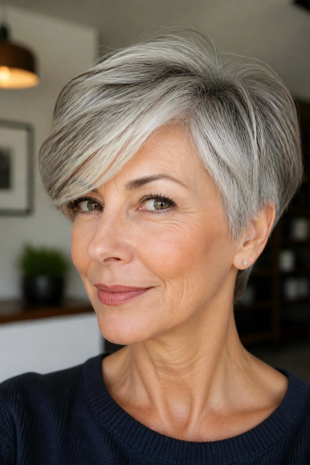 Close-up portrait of a real person with side-swept pixie bob on gray hair
