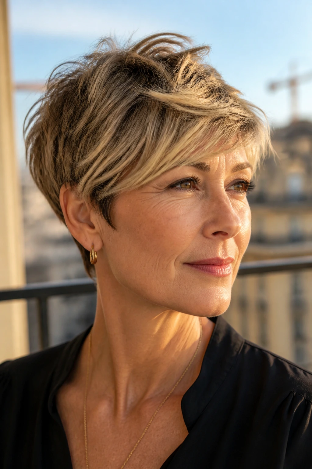 Close-up of a real woman with a side-swept pixie and airy crown in outdoor golden-hour light.
