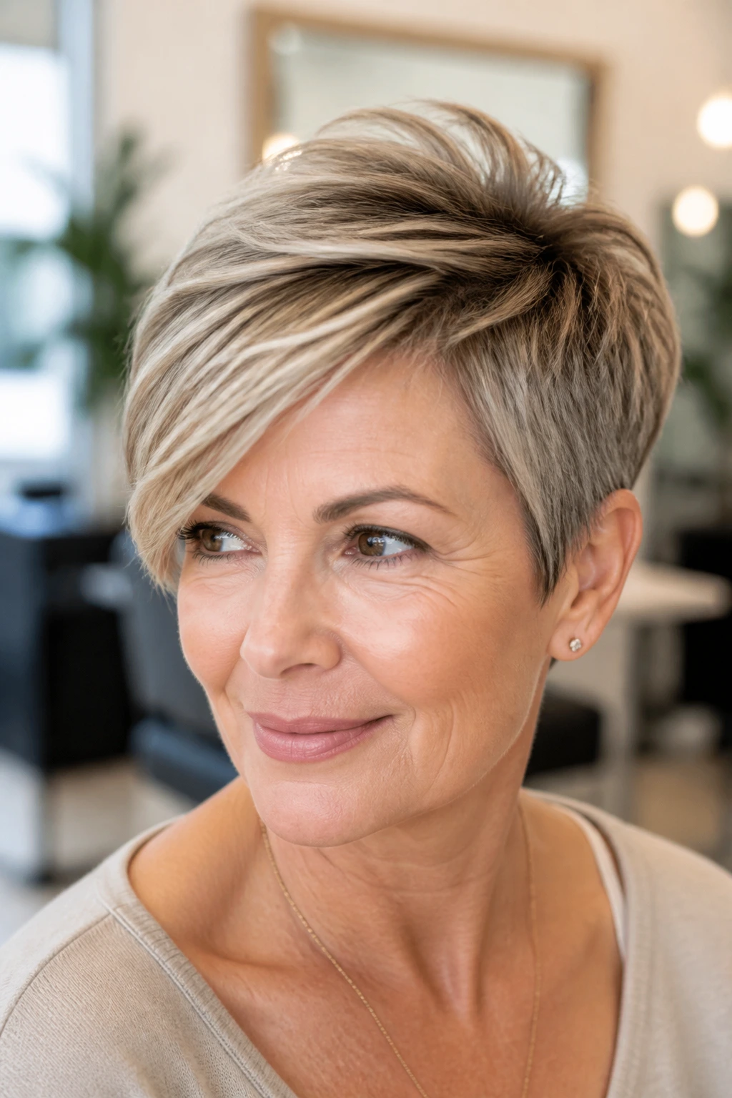 Close-up portrait of a real woman with a side-swept pixie and crown lift in a bright salon