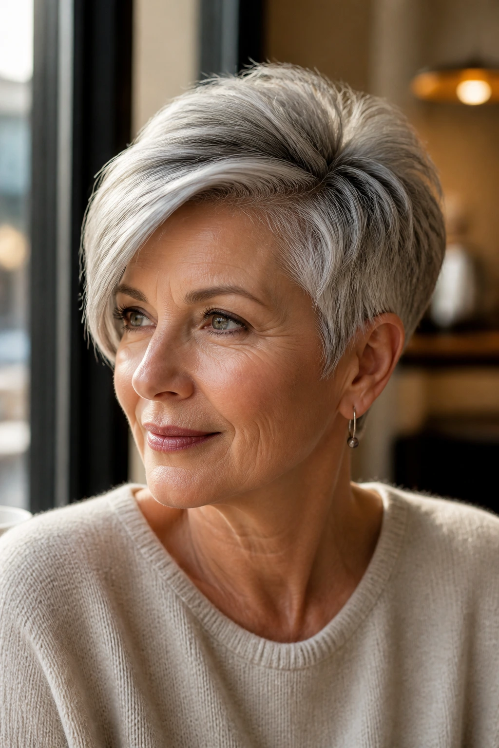 Portrait of an older woman with a side-swept pixie and lifted crown
