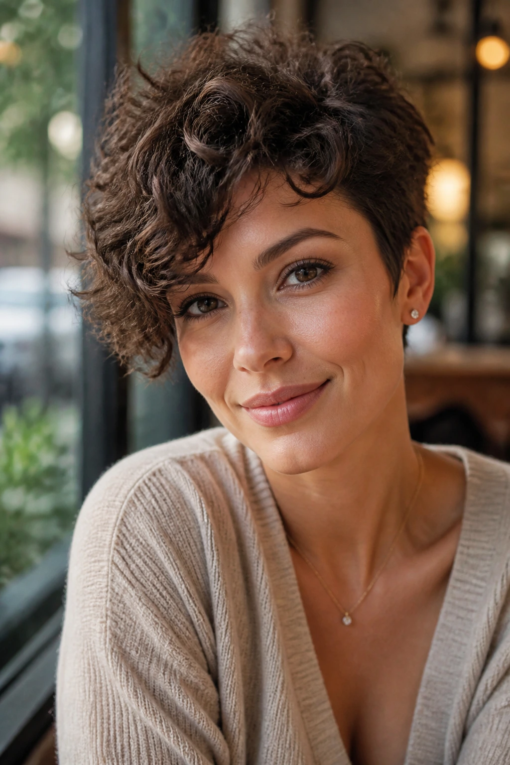 Close-up portrait of a real woman with side-swept curly pixie.