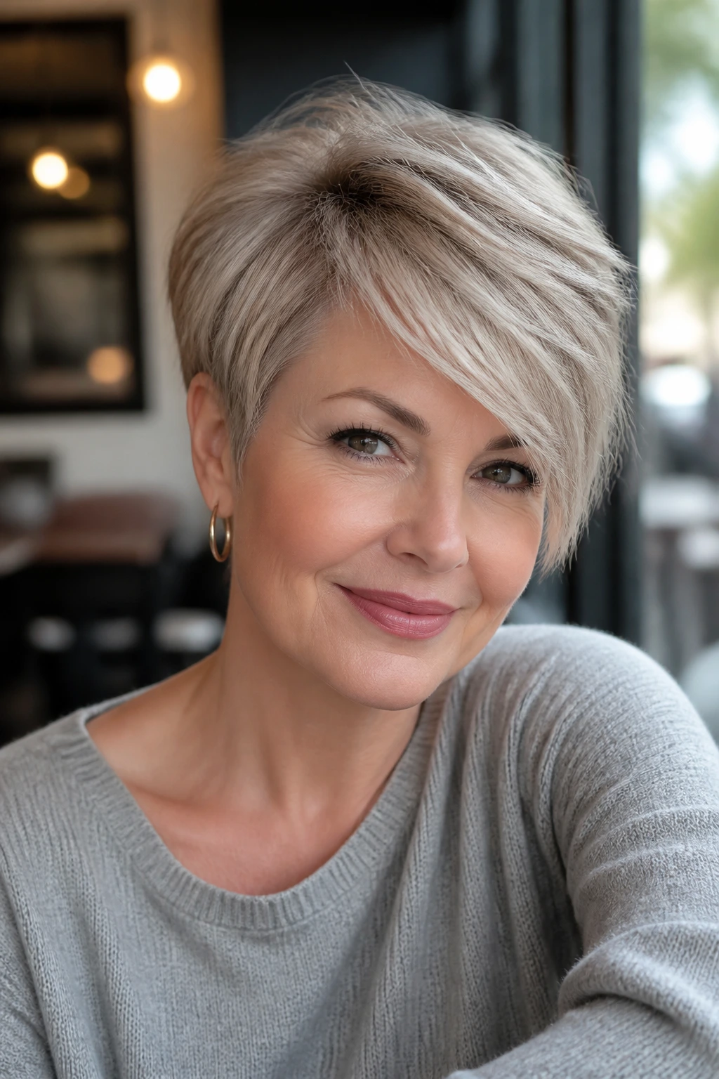 Real woman with side-swept long pixie hairstyle in cafe window light
