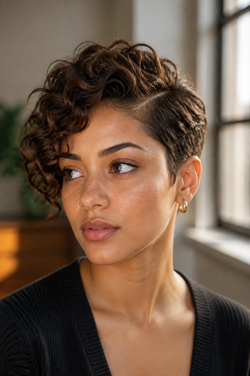 Close-up portrait of a real person with a deep side-parted side-swept pixie.