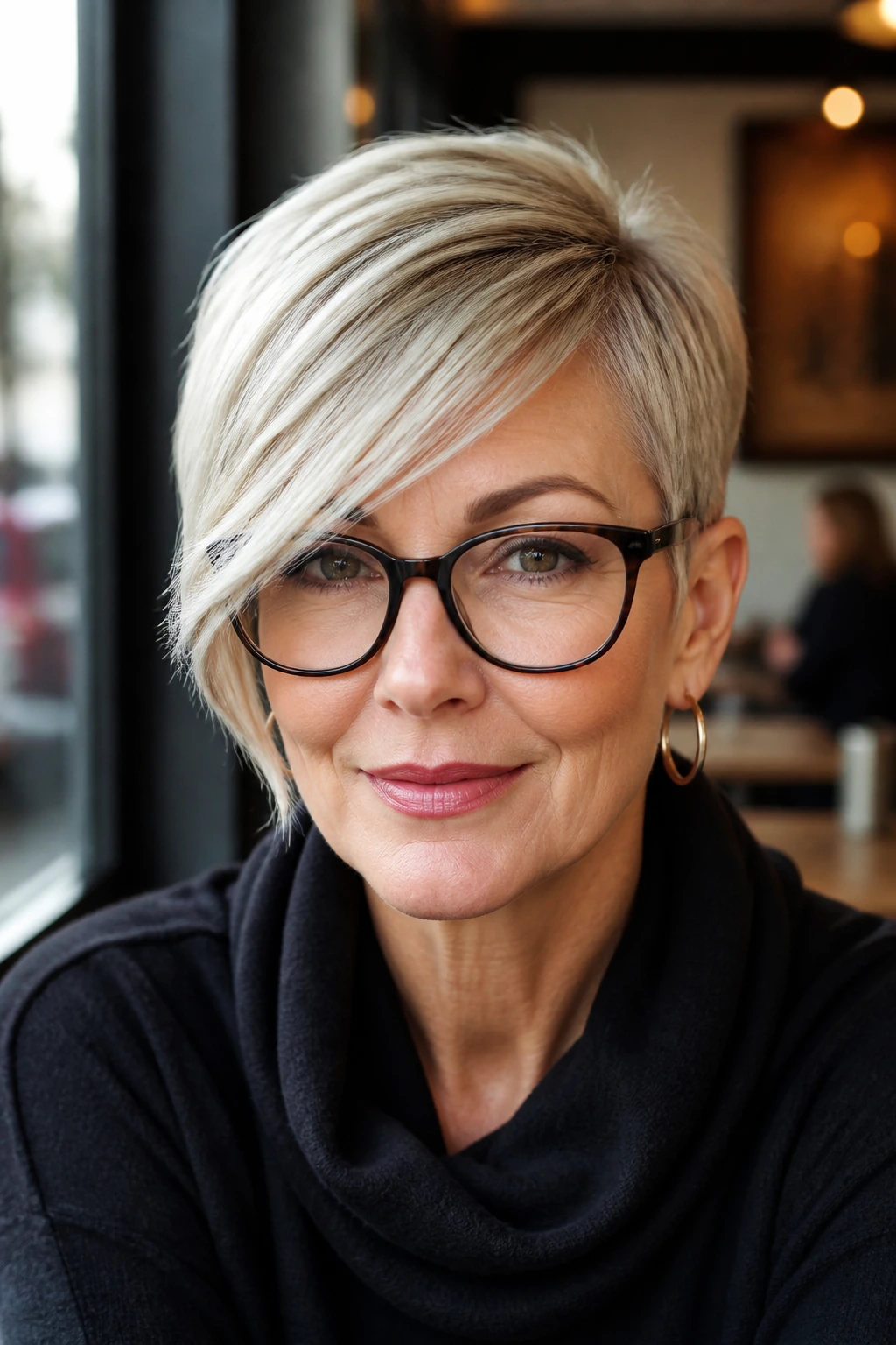 Real woman with side-swept pixie fringe in a bright cafe.