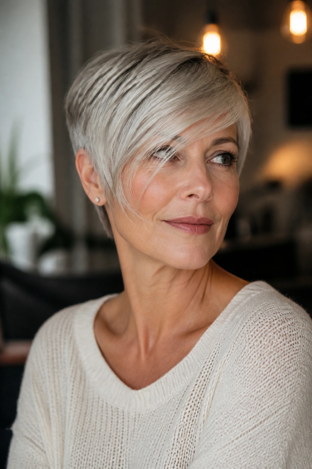 Real woman with side-swept pixie and long fringe in a cozy setting