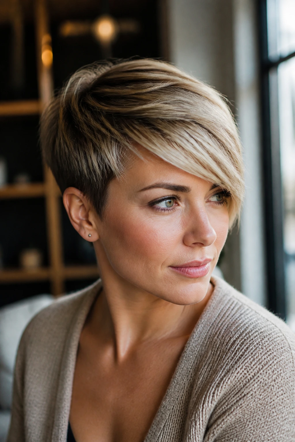 Close-up of a real woman with a long diagonal fringe in a side-swept pixie