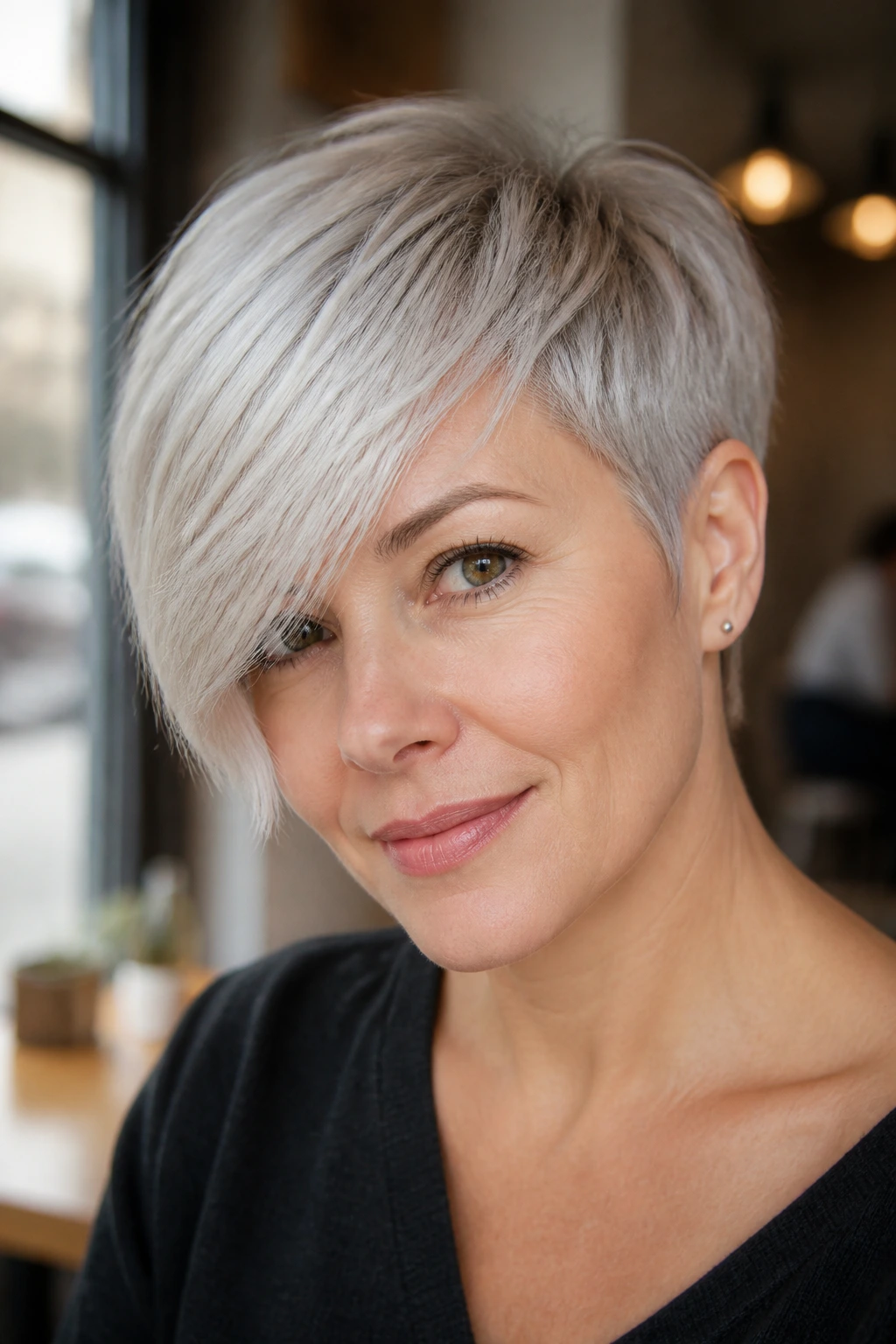 Portrait of real person with side swept silver pixie and long fringe