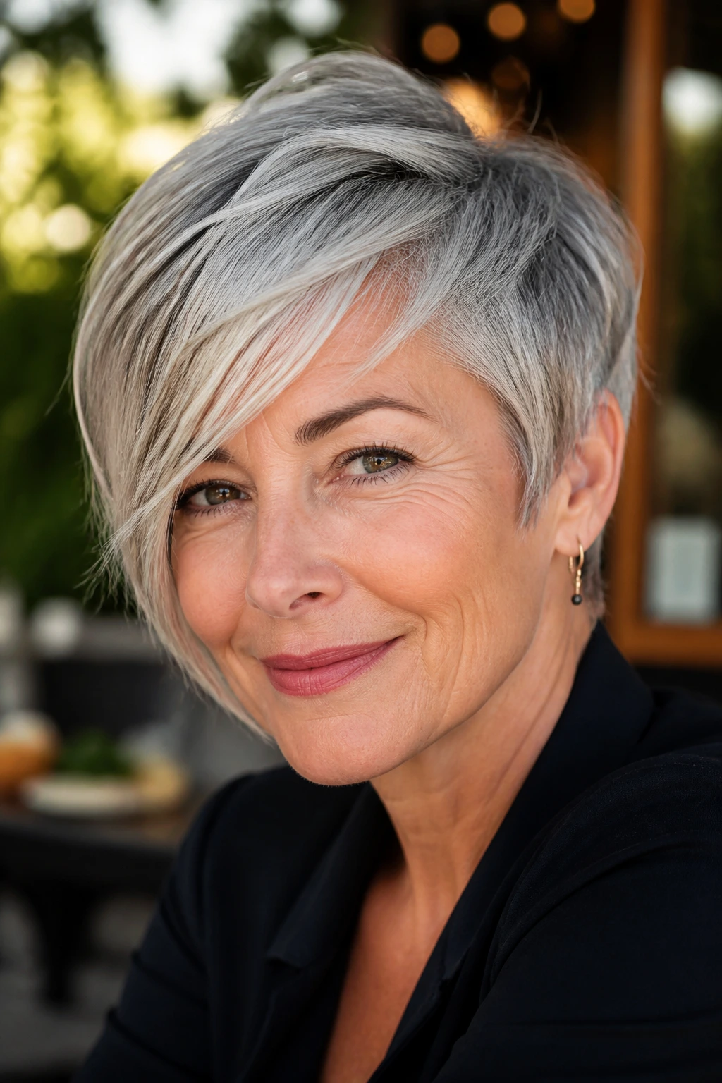 Portrait of a real woman with a side-swept long pixie in silver-gray hair.