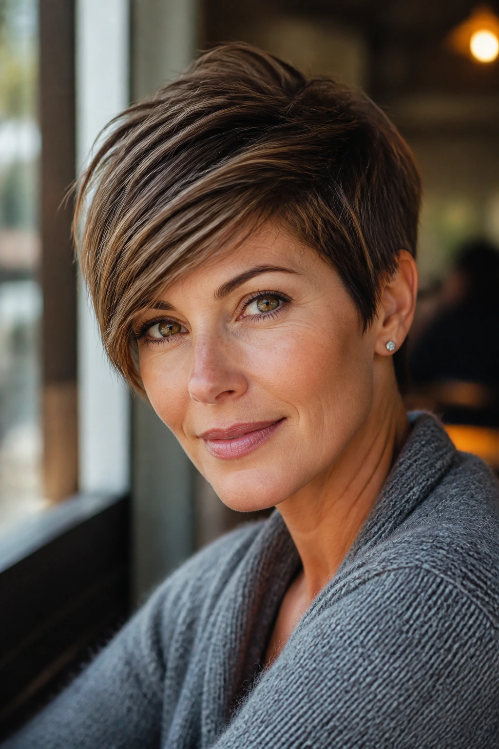 Close-up portrait of a real woman with a side-swept layered pixie hairstyle