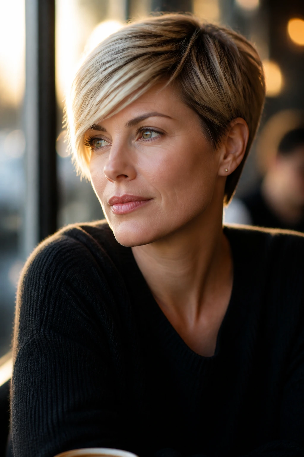 Portrait of a real woman with a side-swept pixie fringe in a cafe