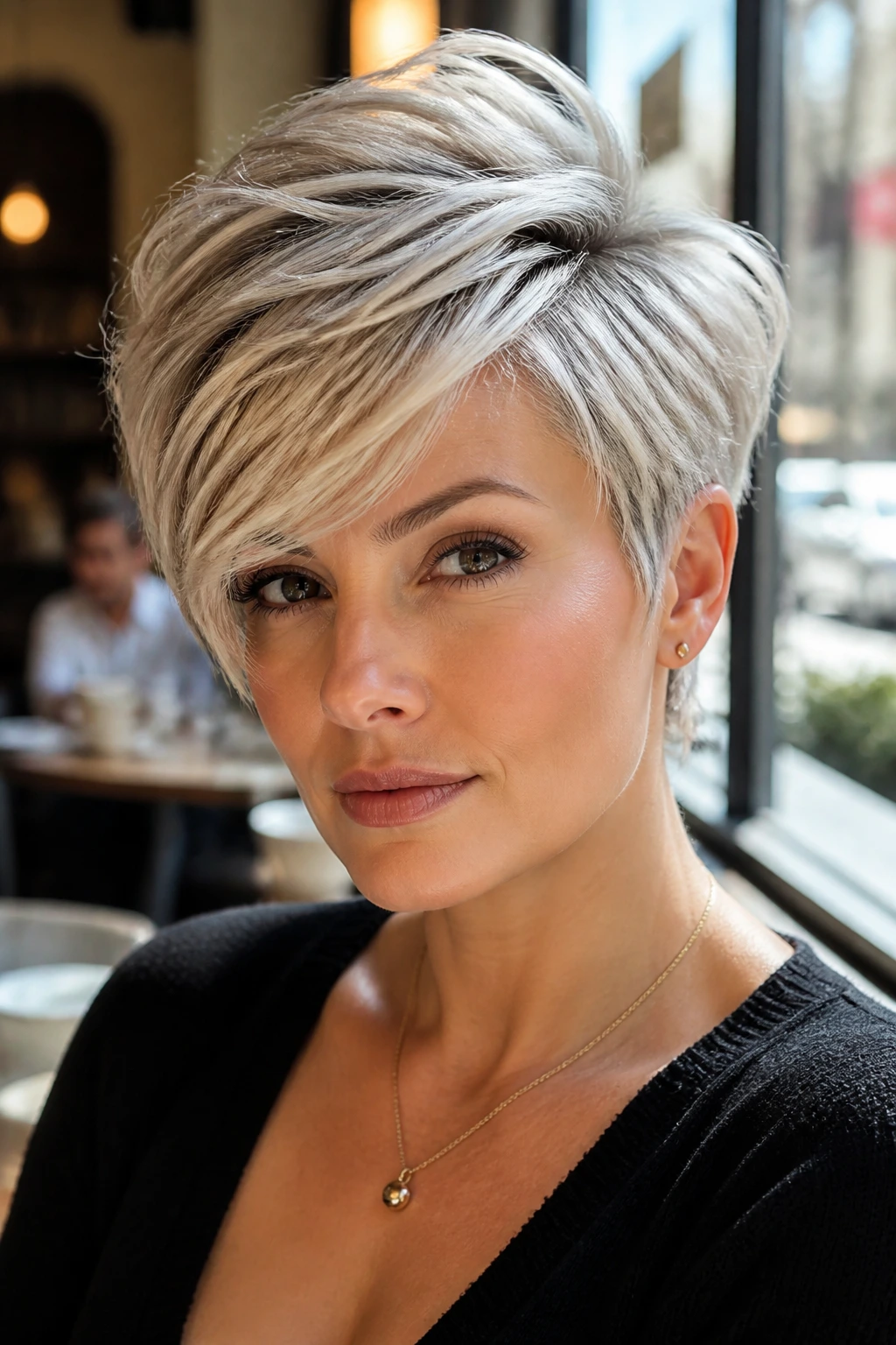 Close-up portrait of a woman with a side-swept pixie and soft top volume in natural daylight