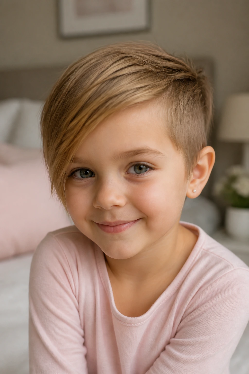 Child wearing a side-swept pixie with a longer front fringe