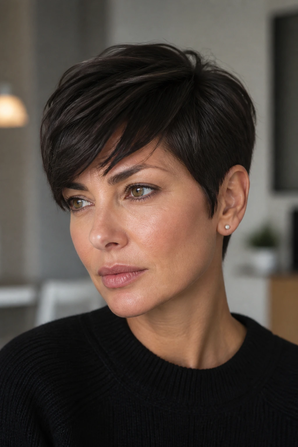 Real woman with side-swept pixie and long crown layers