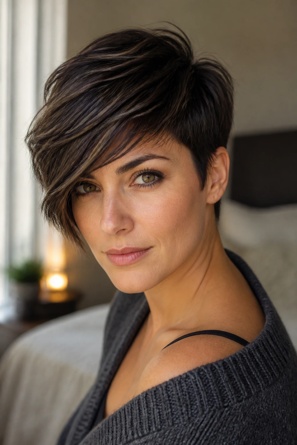 Close-up portrait of a woman with a side-swept pixie and long fringe in warm window light.
