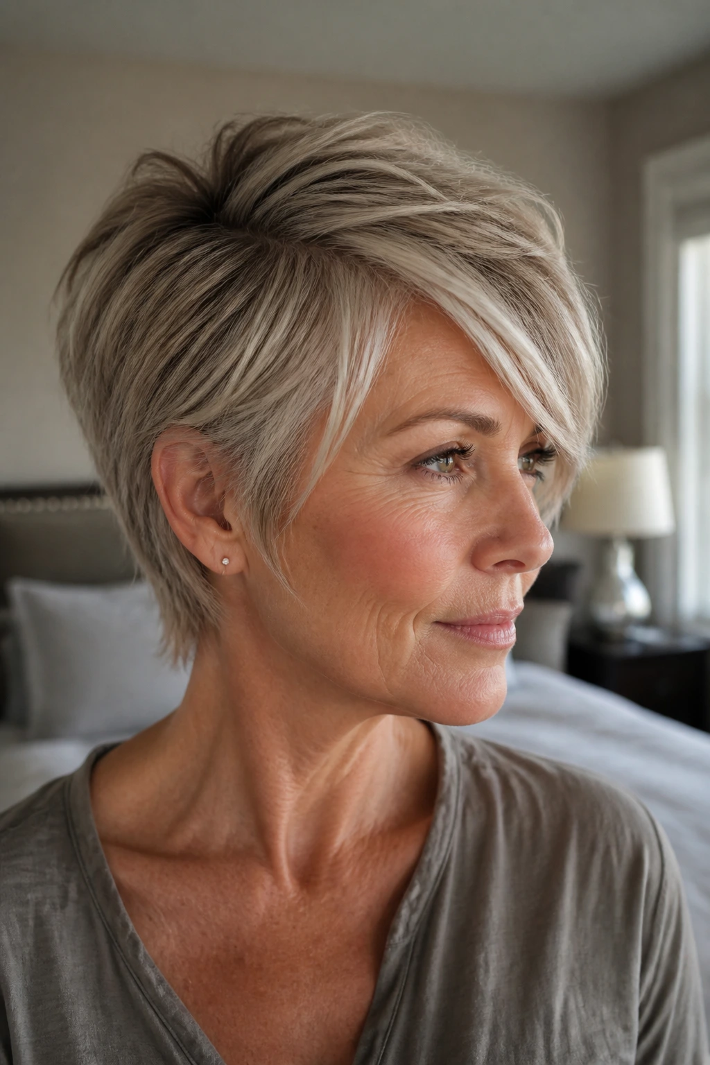 Close-up portrait of a real woman with a side-swept pixie mullet in natural window light