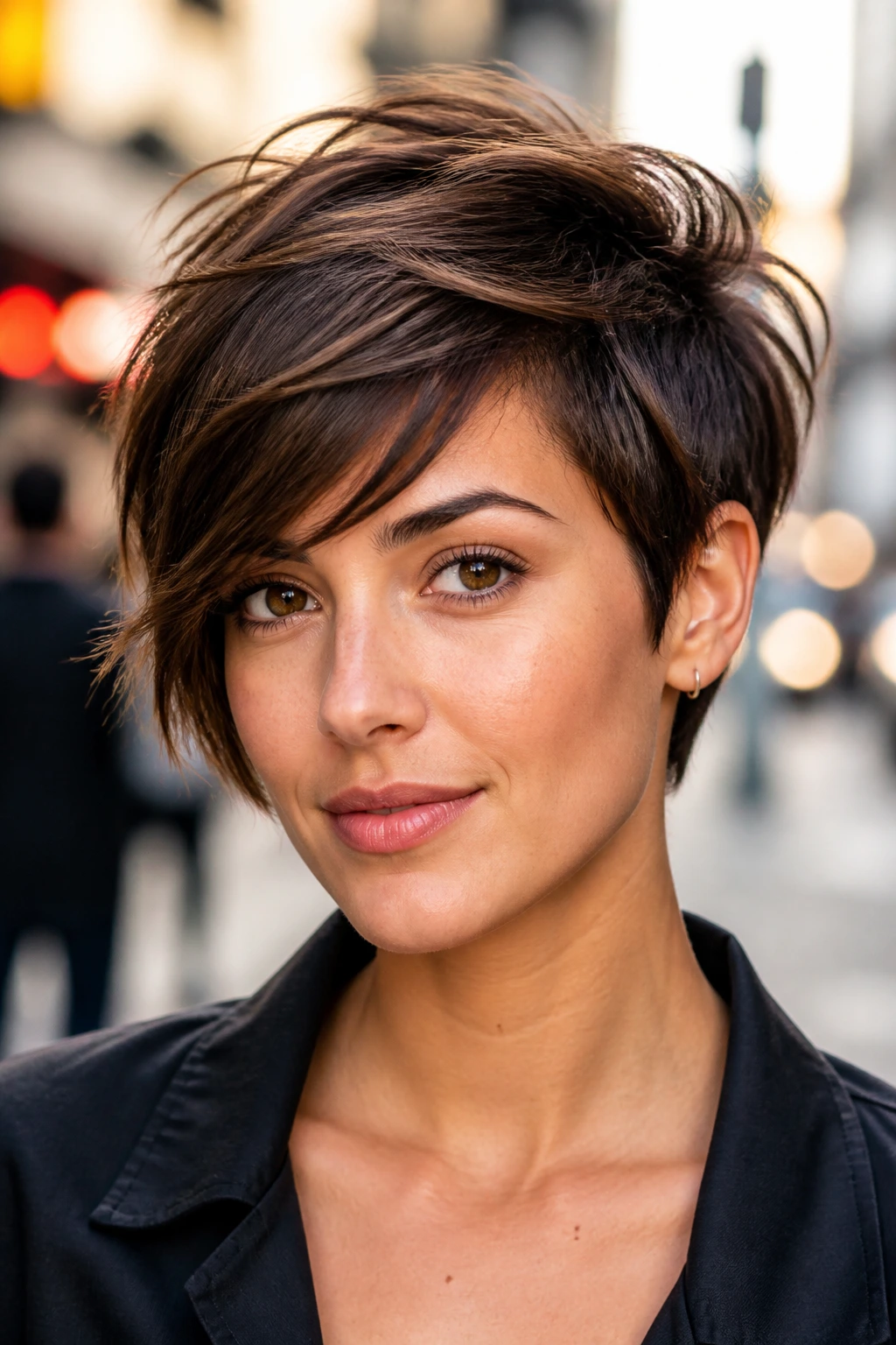 Close-up of real person with side-swept pixie shag outdoors