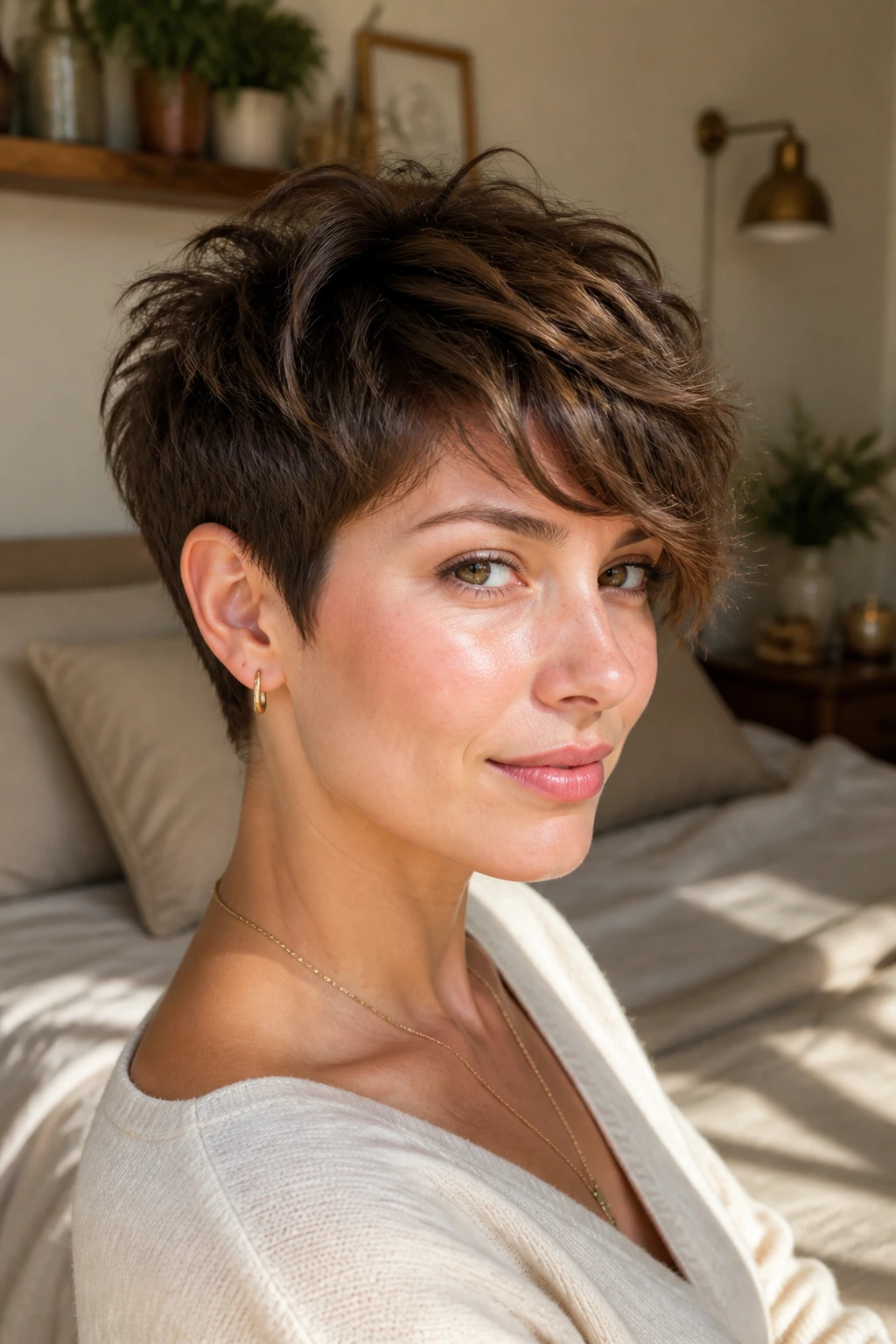 Close-up of real woman wearing a side-swept pixie with soft diagonal fringe and wavy texture