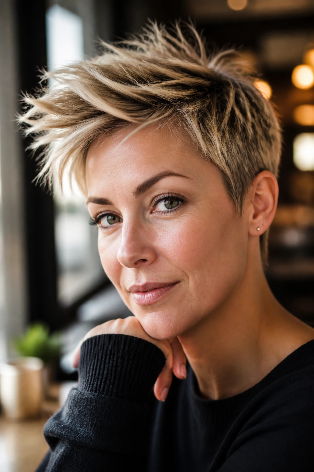Close-up of a woman with a side-swept spike pixie hairstyle
