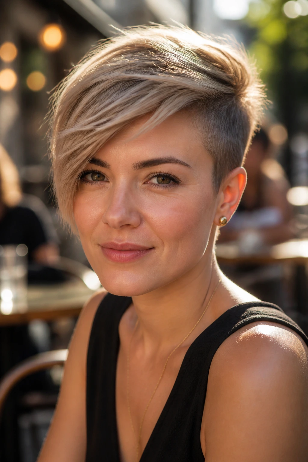 Close-up of a real woman with a side-swept pixie and tapered sides
