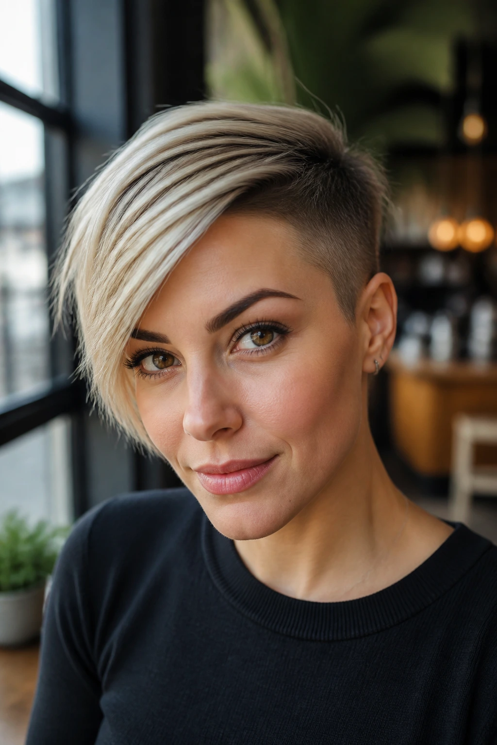 Real person portrait with side-swept undercut pixie and longer fringe