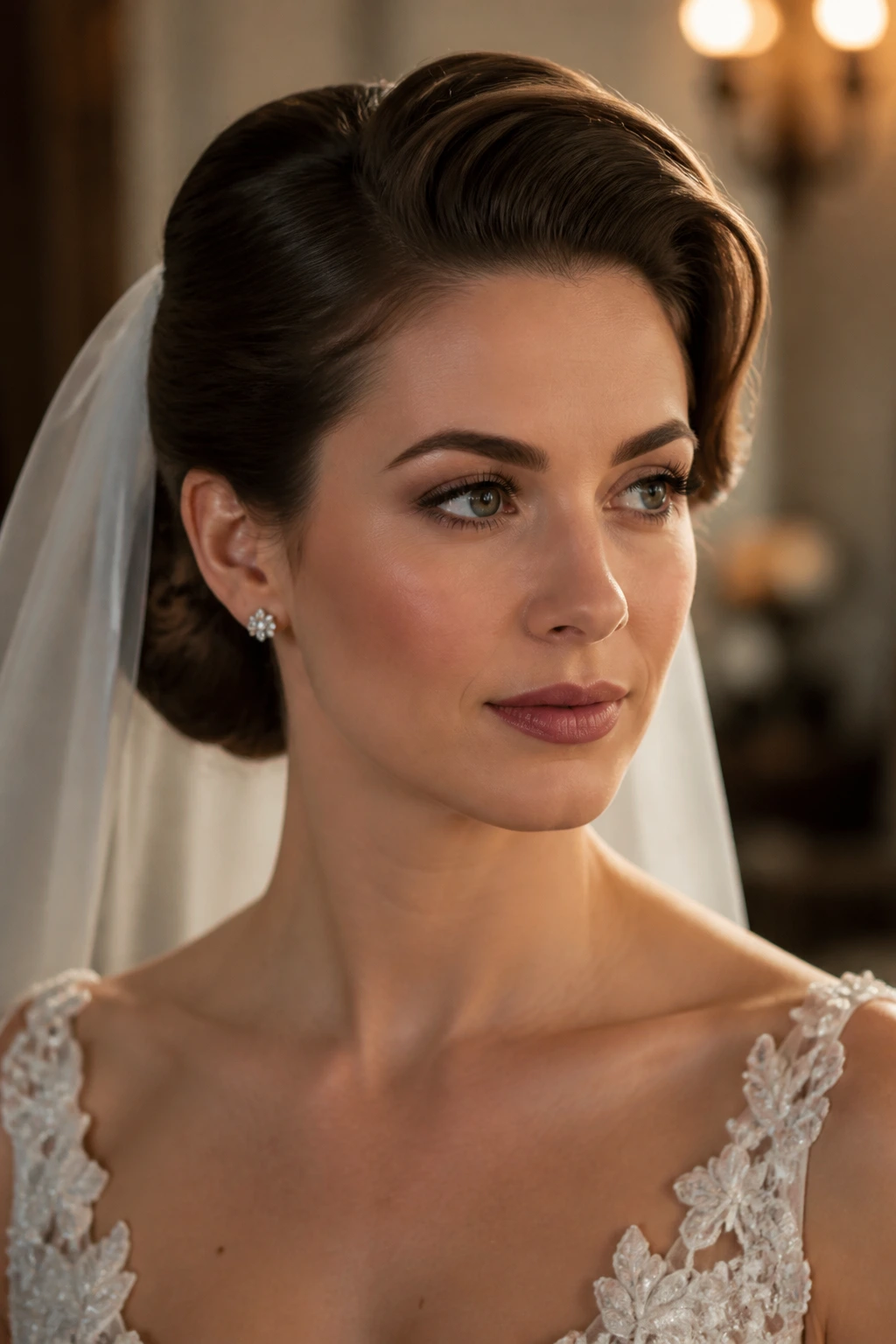 Close-up of a real bride with side-swept pompadour