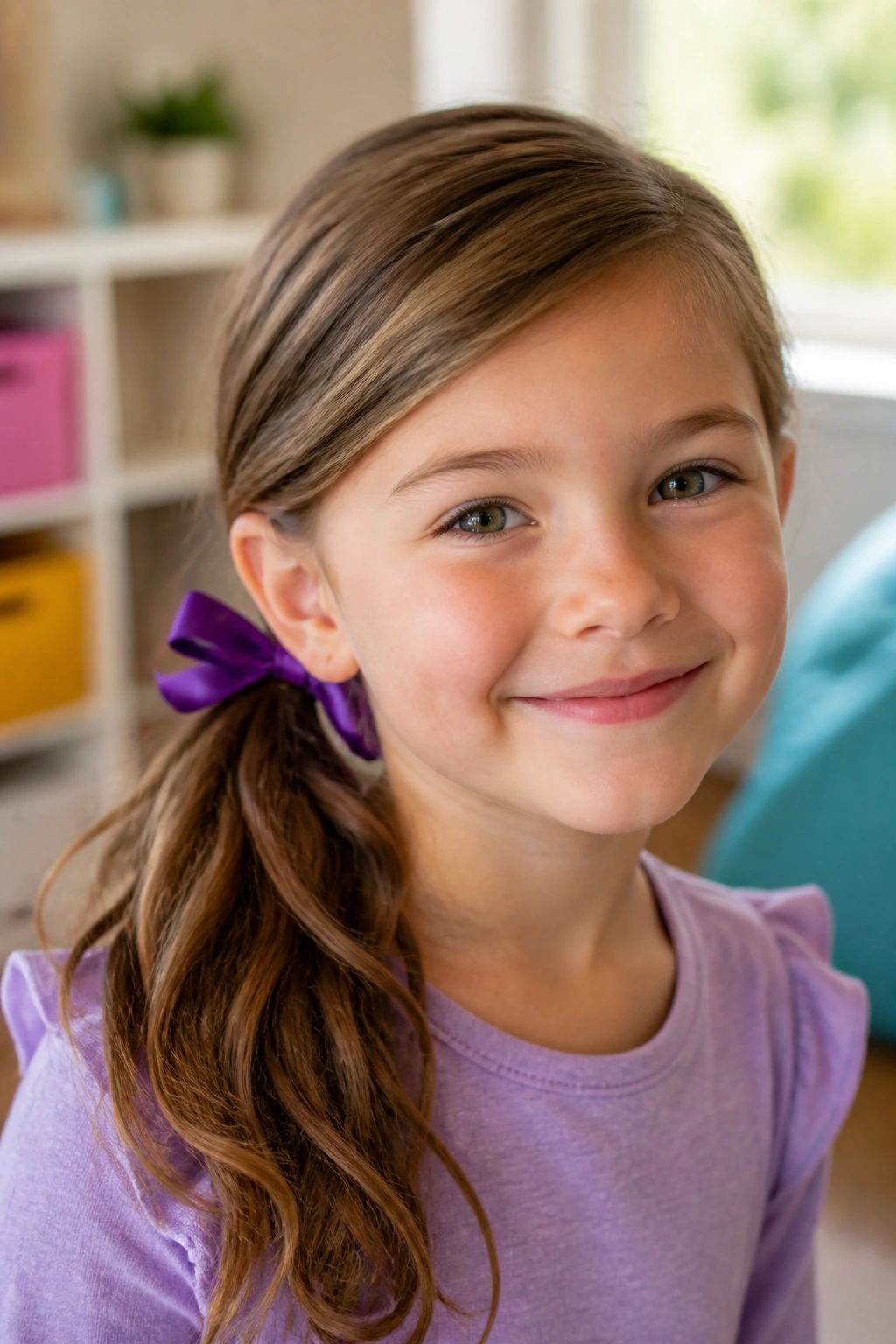 Child wearing a side-swept ponytail with hair brushed to one side