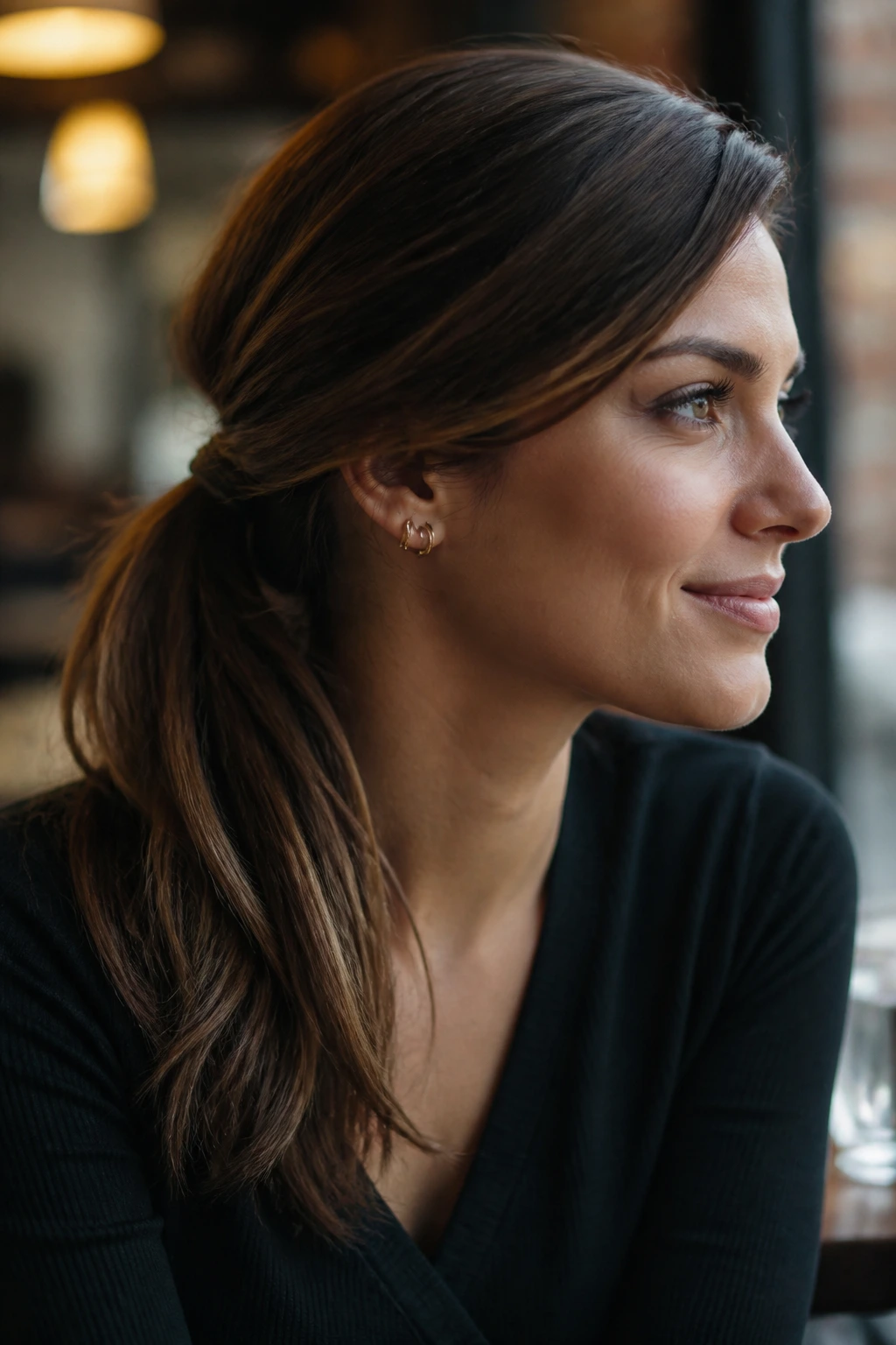 Close-up profile of a real woman with a side-swept ponytail and deep part.