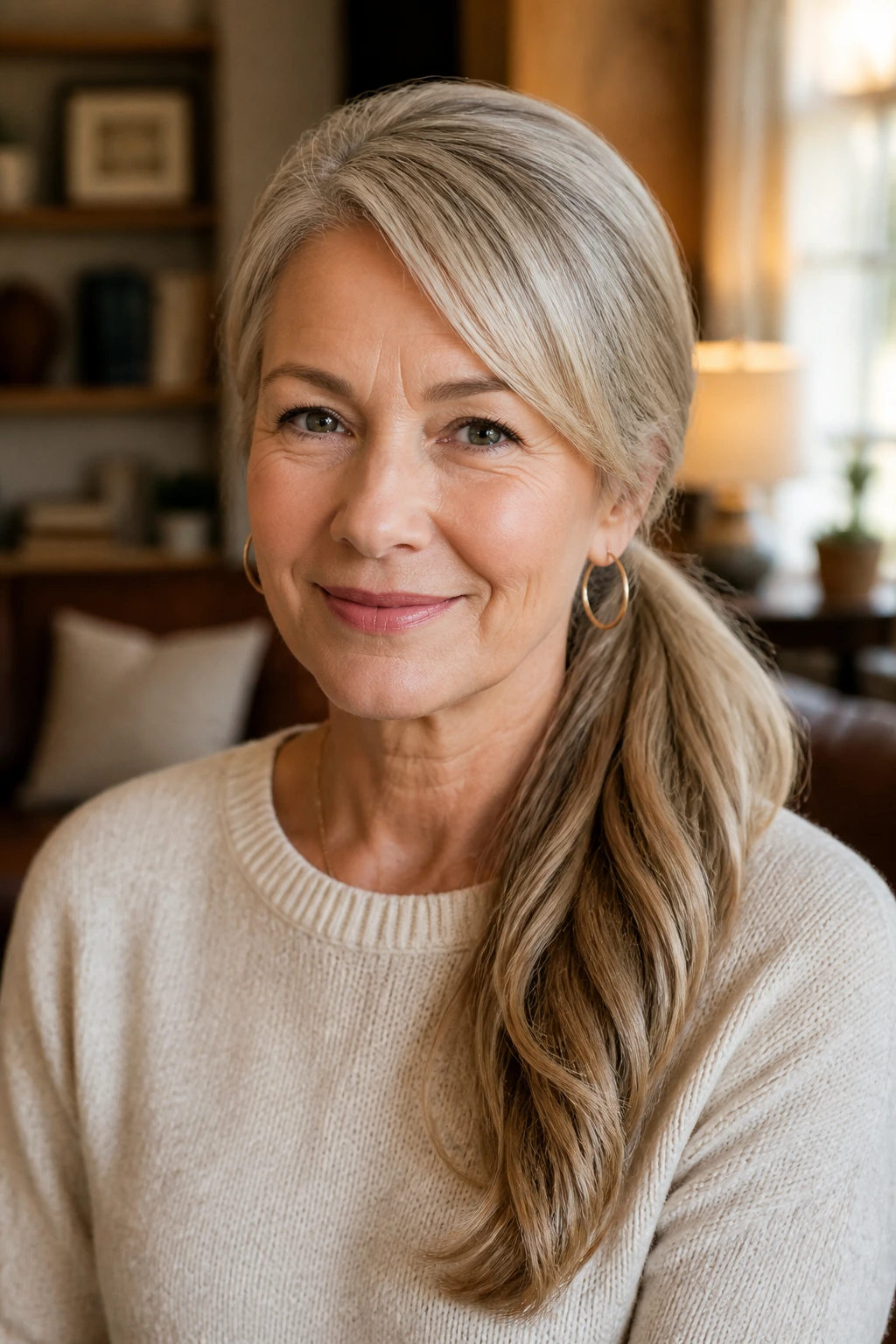 Close-up of real woman with a side-swept ponytail draped over one shoulder.