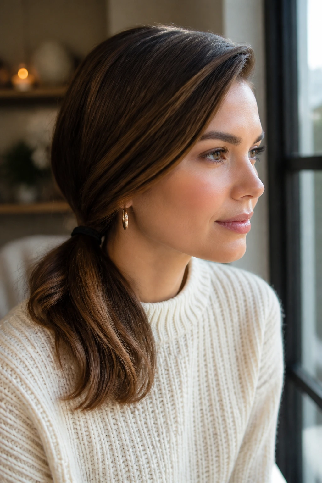 Close-up of a woman with a deep side part and side-swept low ponytail