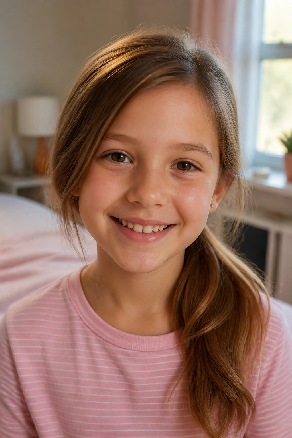 Close-up of a child with a side-swept ponytail in soft natural morning light.
