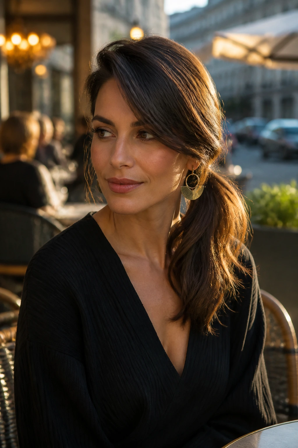 Three-quarter portrait with side-swept low ponytail on a real person