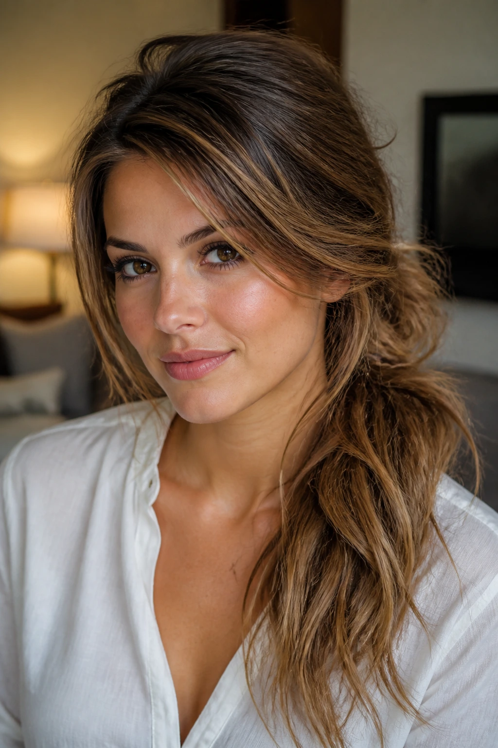 Close-up of real woman with side-swept messy ponytail over shoulder