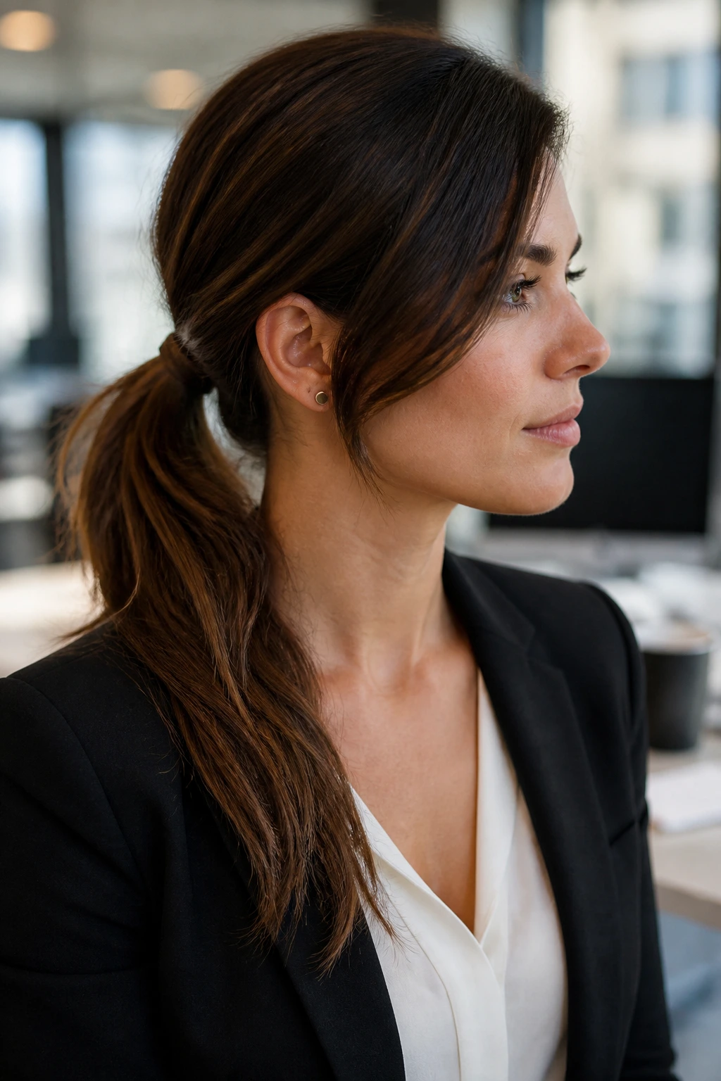 Side profile of a real woman with a Side-Swept Ponytail in an office.
