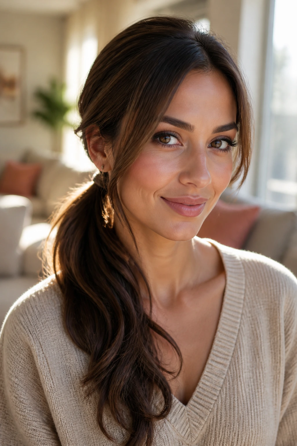 Close-up portrait of a woman with a low side-swept ponytail in a sunlit living room