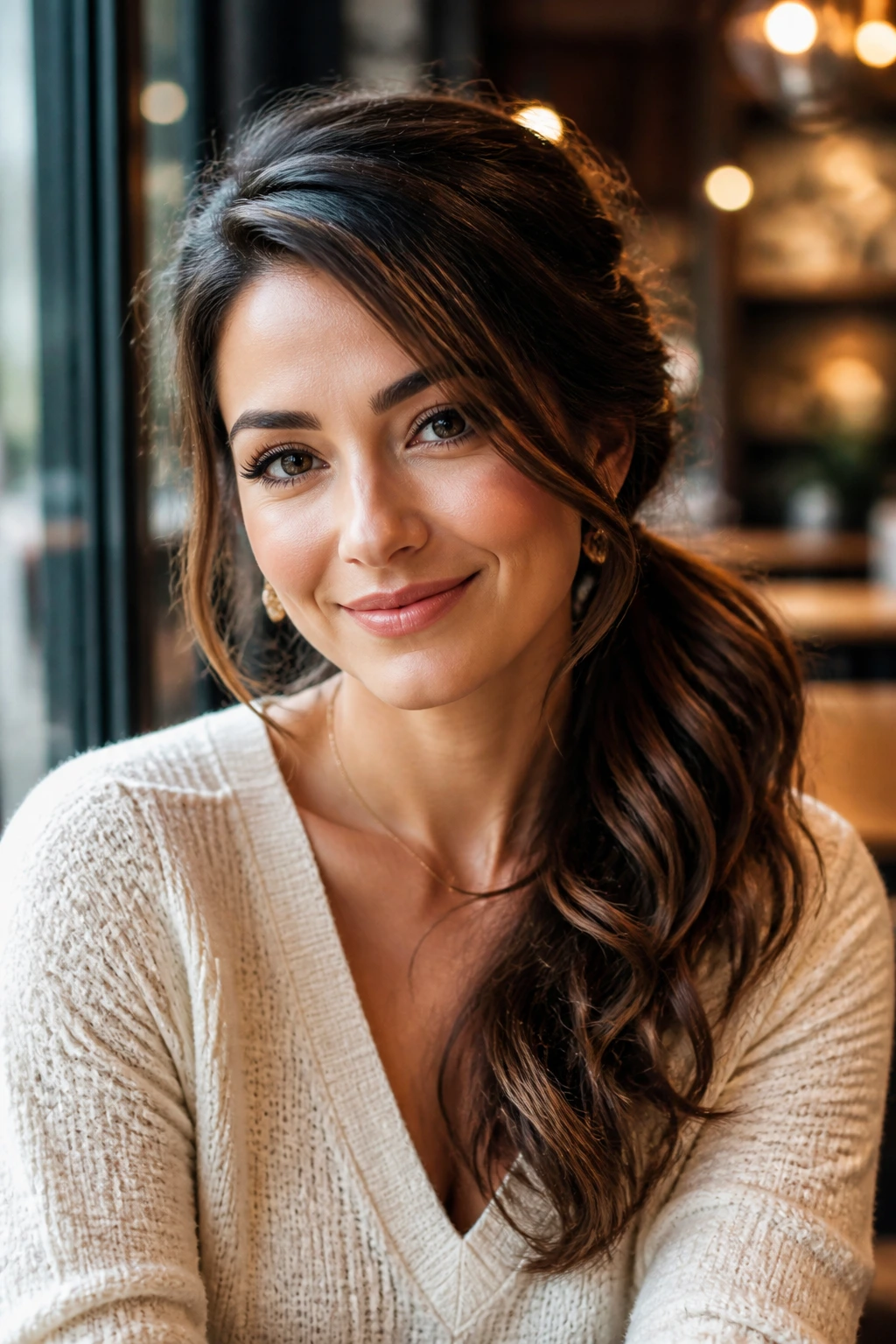 Close-up of a real woman with a side-swept ponytail in warm cafe light.