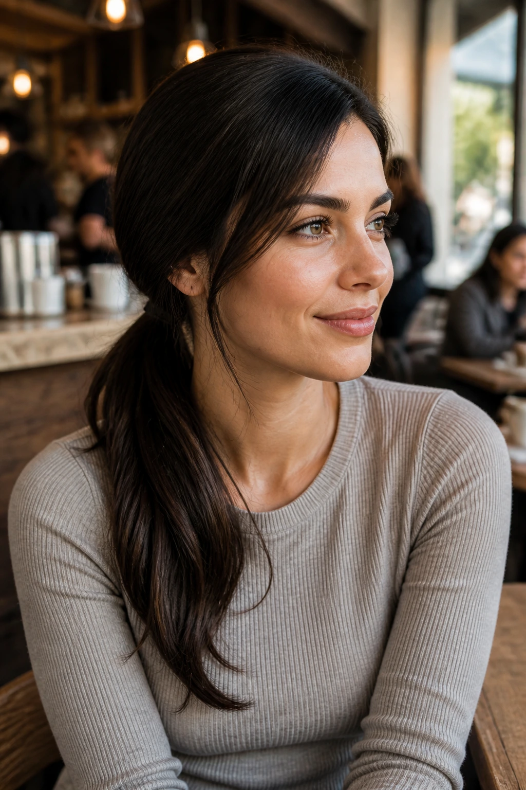 Close-up of a real person with a side-swept ponytail over the shoulder.