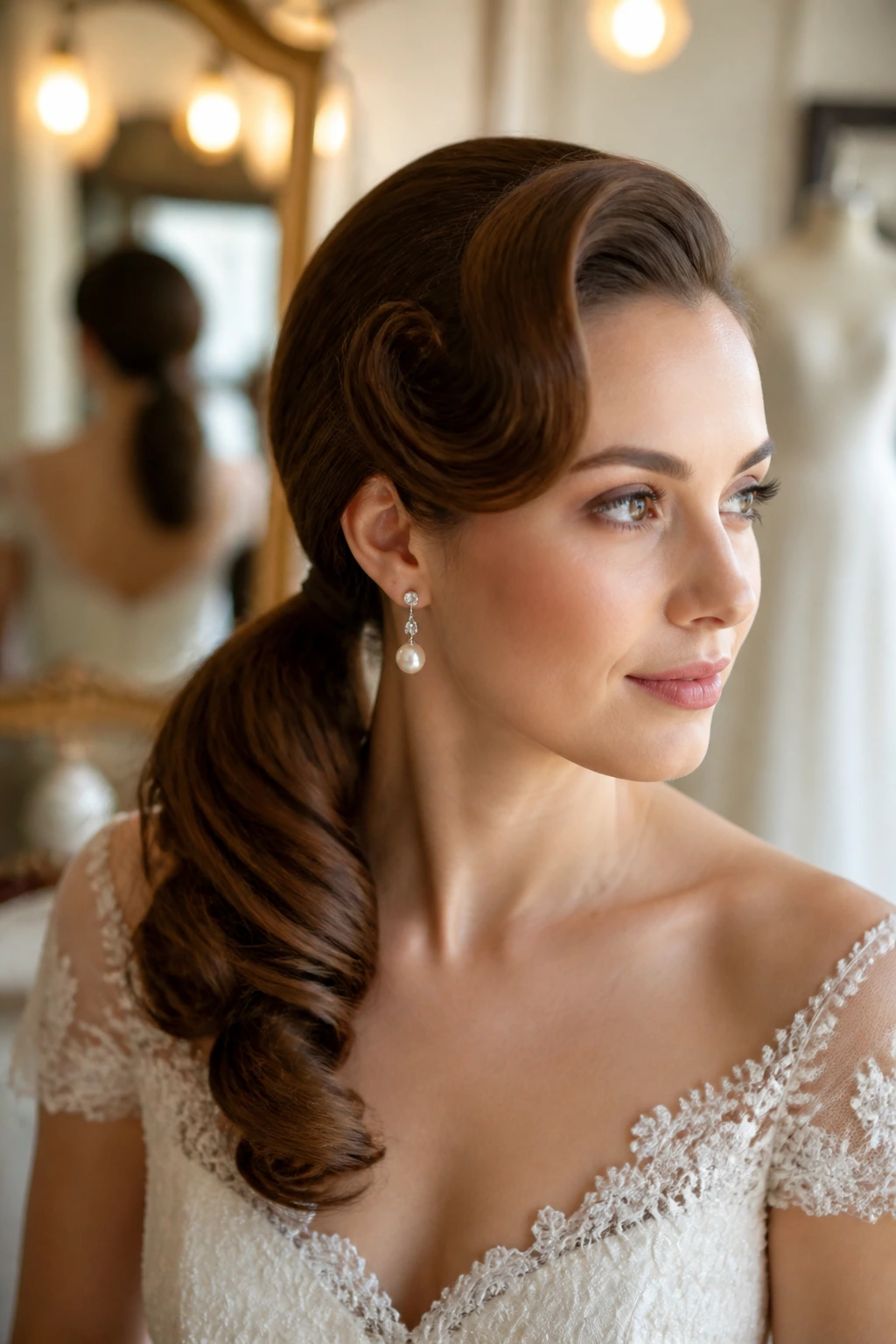 Real bride with side-swept ponytail and vintage curl