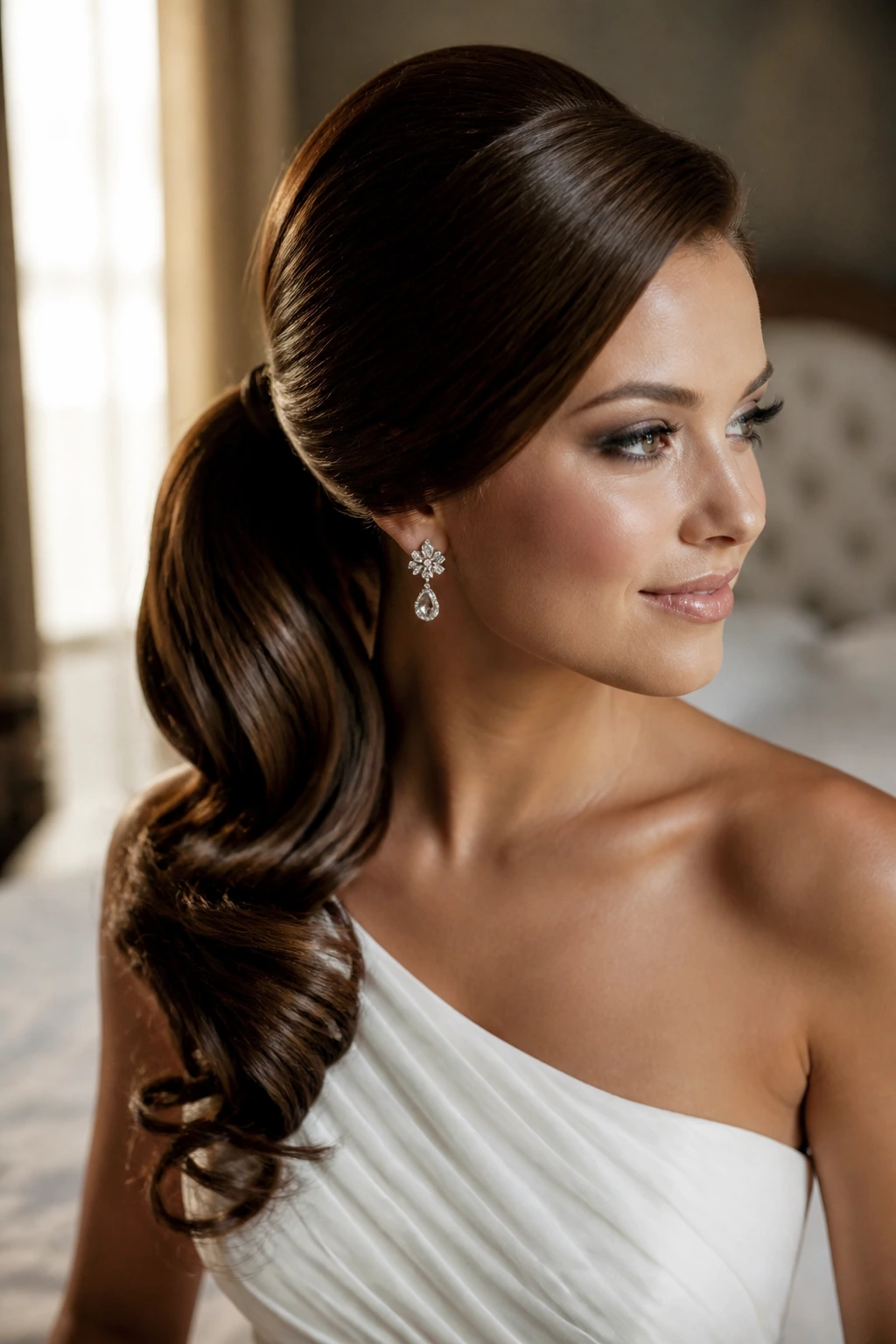 Close-up of side-swept ponytail with vintage volume on a real bride under warm lighting