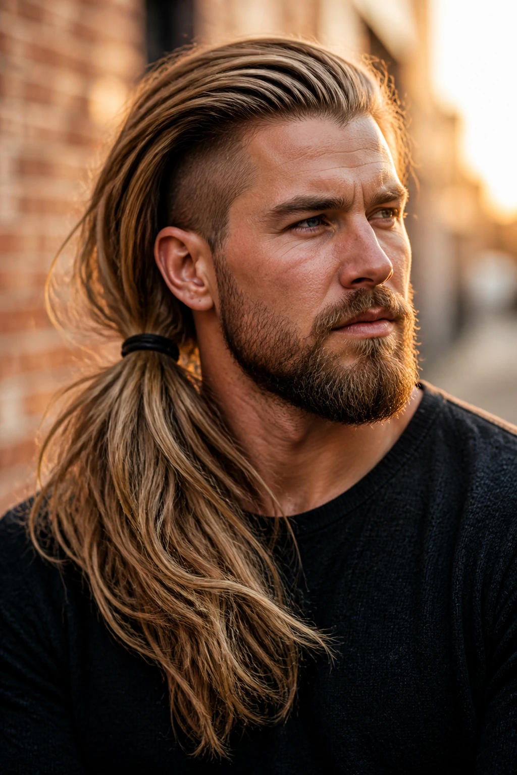 Real person with side-swept warrior tail hairstyle in urban outdoor setting