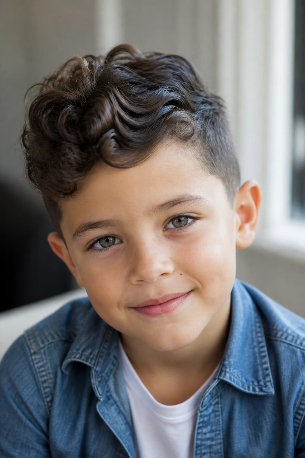 Portrait of a boy with a side-swept curly quiff