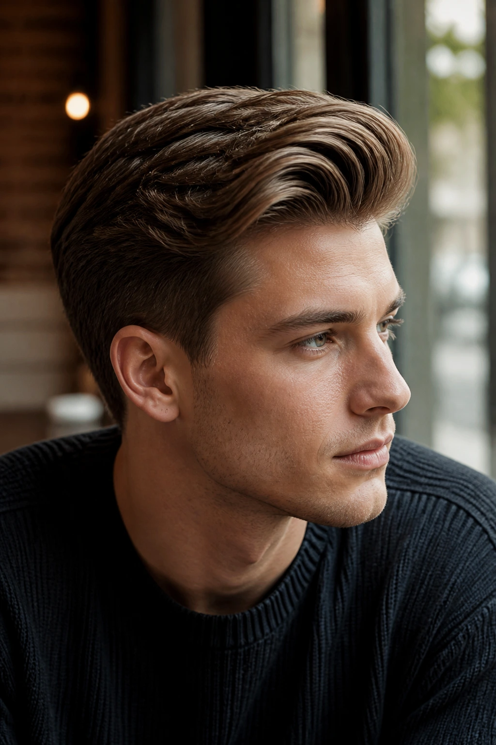 Portrait of real man with side-swept quiff in cafe light